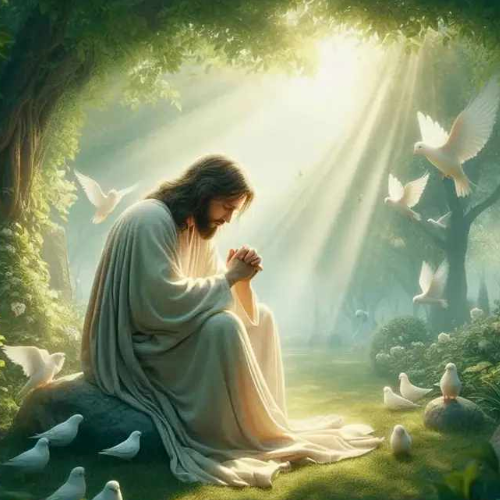 Jesus praying in a luminous forest with white doves. Religious diamond painting kit.