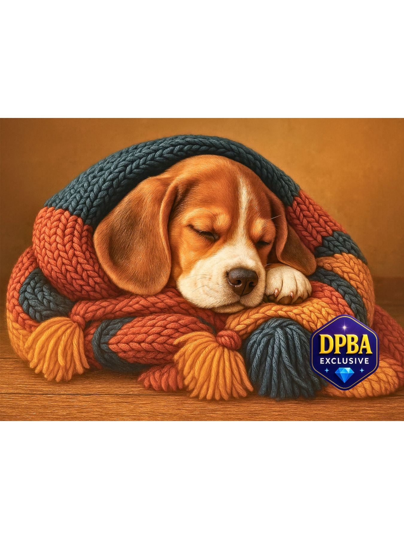 Puppy's Dream Blanket Diamond Painting Kit. A sleeping beagle puppy wrapped in a cozy, chunky knit blanket on a wooden floor.