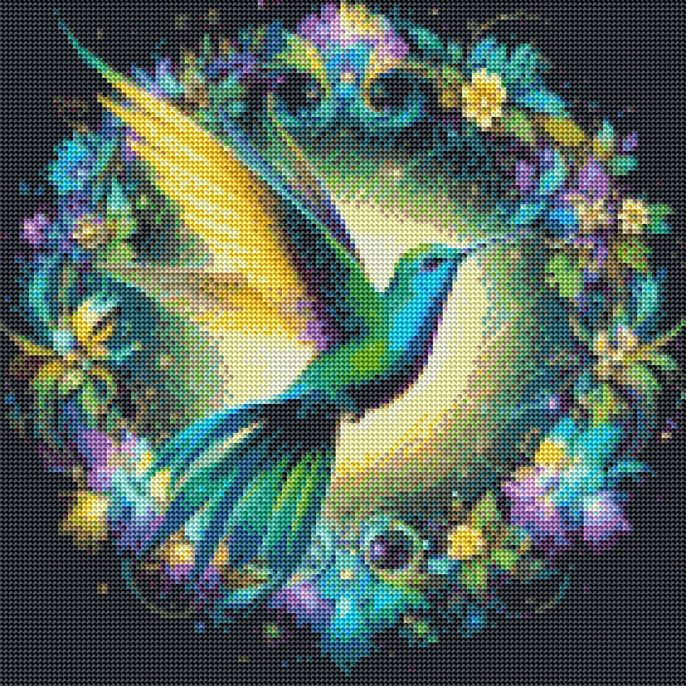 Colorful diamond painting of a hummingbird surrounded by flowers