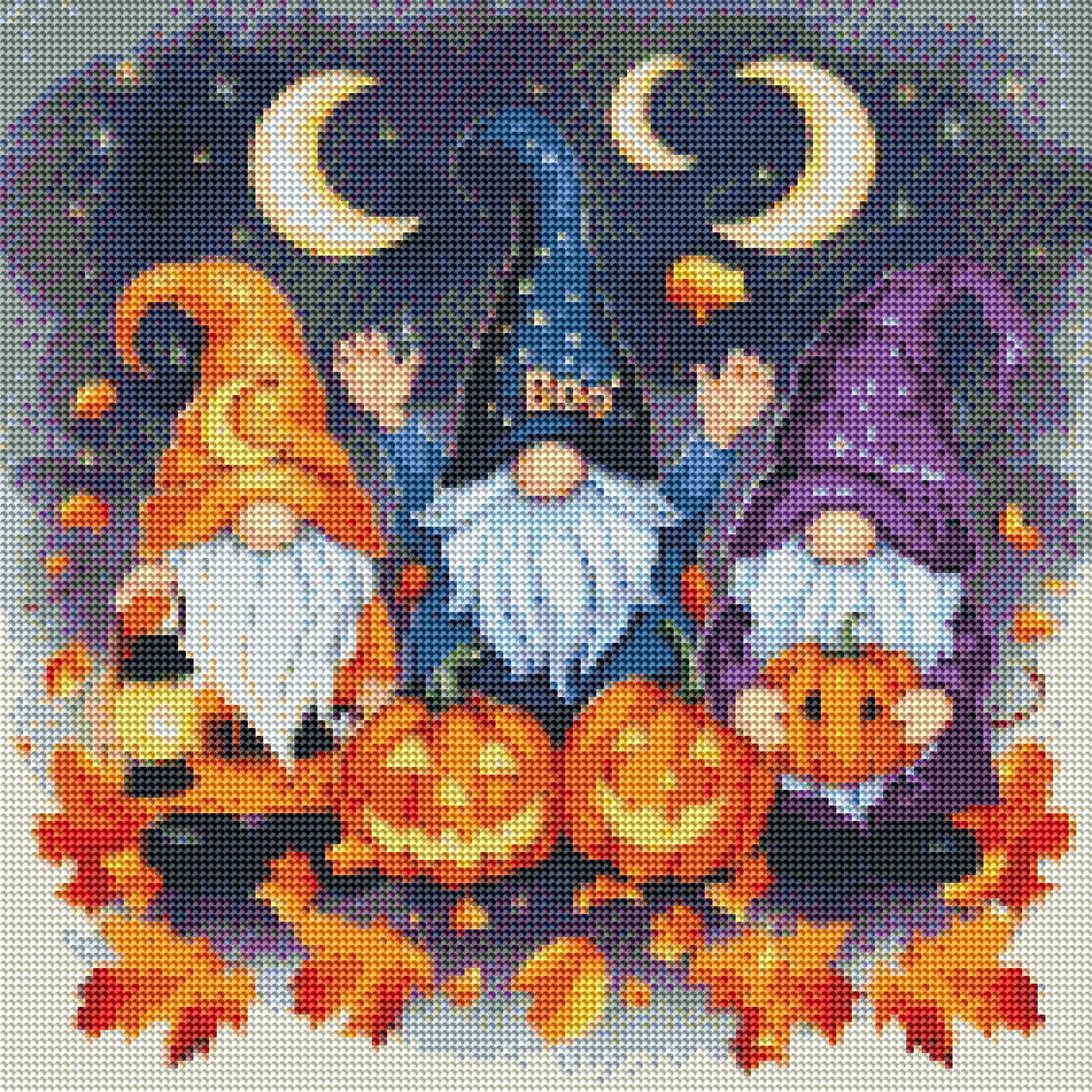 Halloween-themed gnomes with pumpkins and moon crescents.