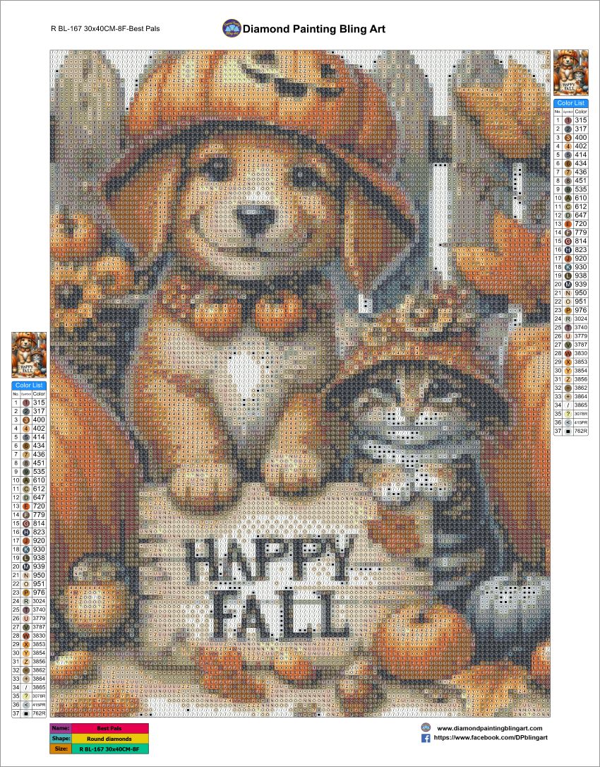 Diamond painting kit with a design of a Dog with Halloween hat and cat with pumpkins and 'Happy Fall' text.