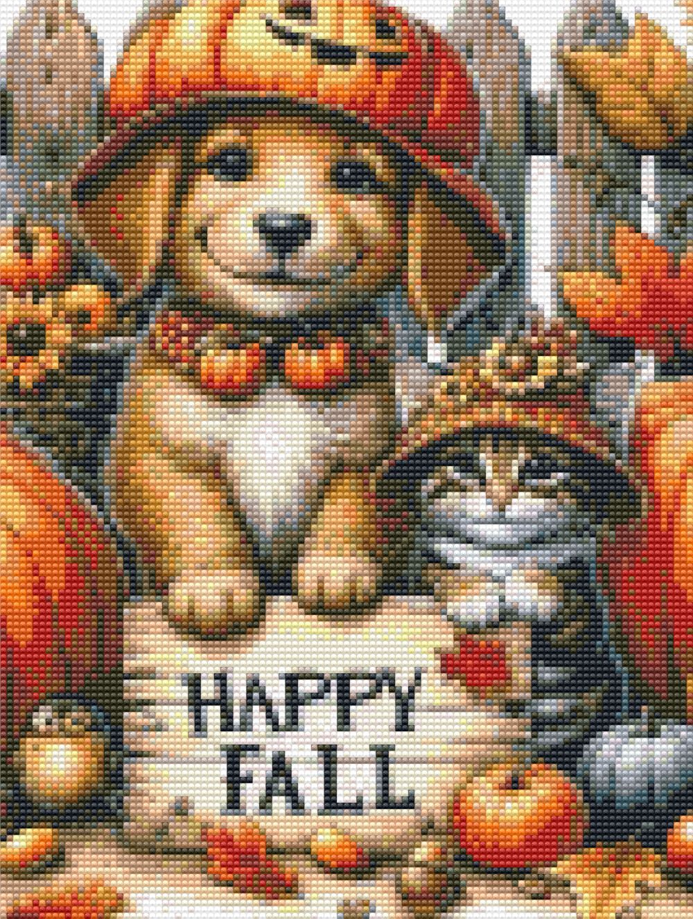 Diamond Painting design of a dog and cat with pumpkins and 'Happy Fall' text
