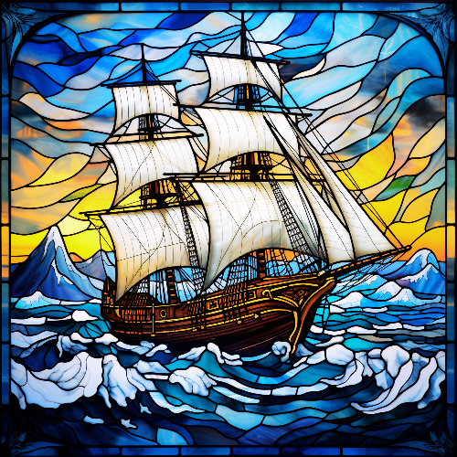 Sailing ship on stormy waves under a vibrant stained glass sky. Nautical diamond painting kit.