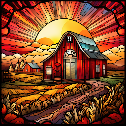 Stylized illustration of a red barn with a colorful sunset in the background