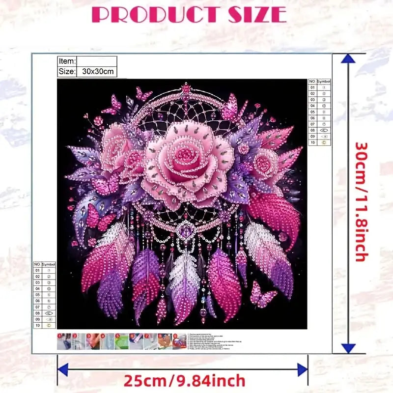Product size chart with a pink rose and dreamcatcher design, showing dimensions on a light floral background.