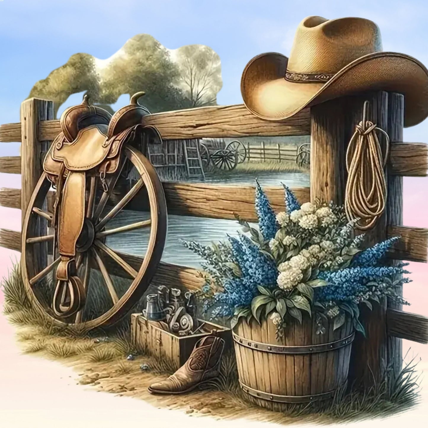 Rustic western scene with cowboy hat, saddle, wagon wheel, and flowers. Diamond painting kit.