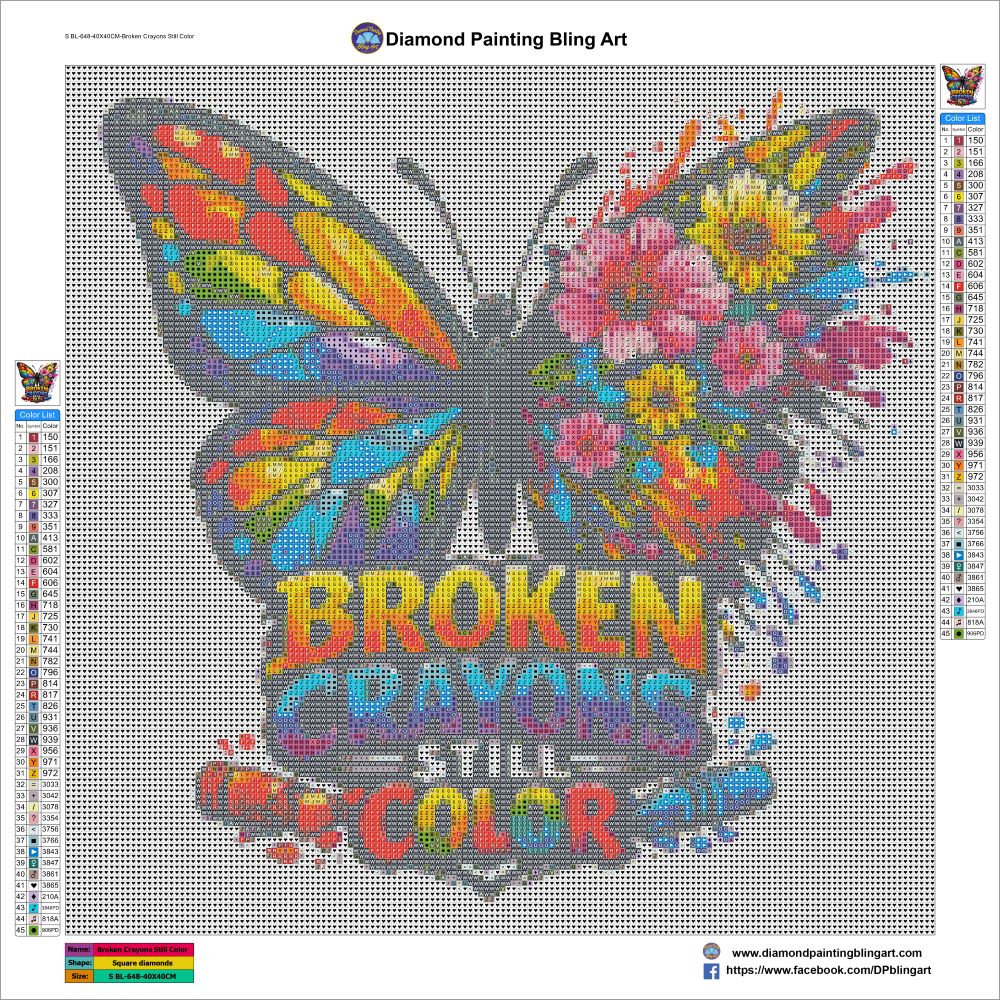 Butterfly design with colorful text 'Broken Crayons Still Make Color' on a grid background.