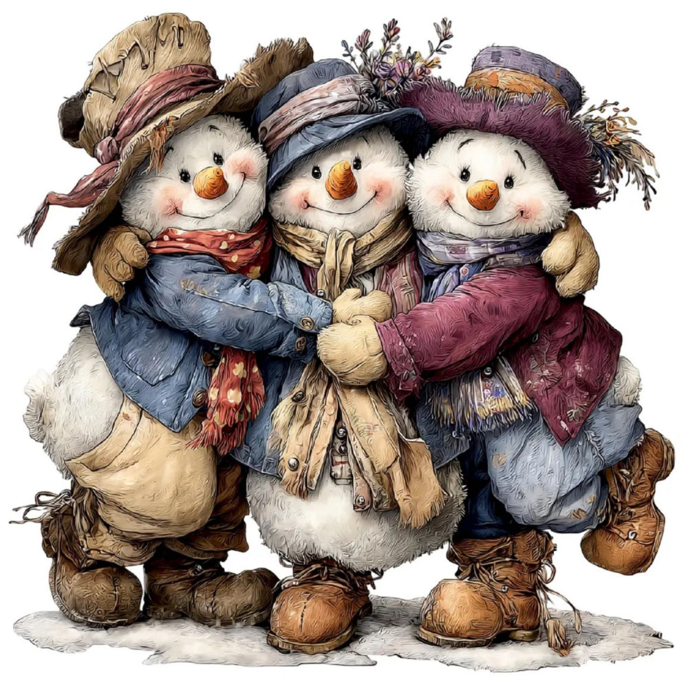 Three snowmen dressed in winter clothing holding hands on a white background