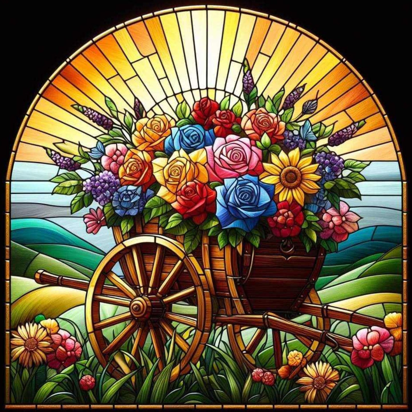 Wagon of Flowers Stain Glass DIY diamond art kit