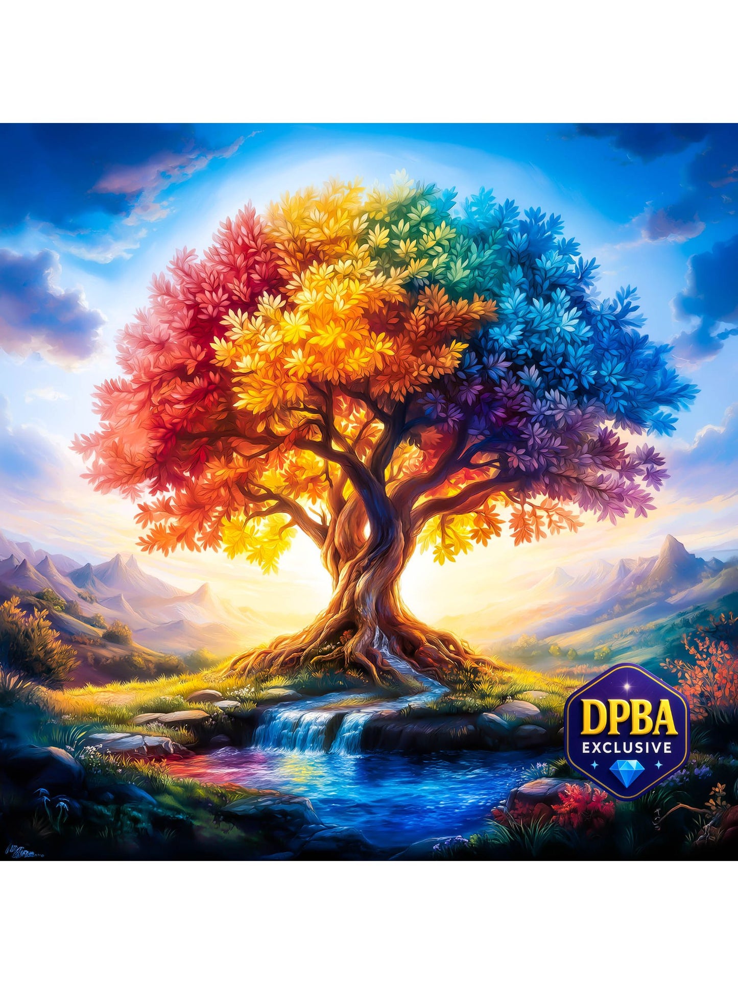 Fantasy artwork of a rainbow-colored tree beside a glowing river, designed for diamond painting, DPBA exclusive