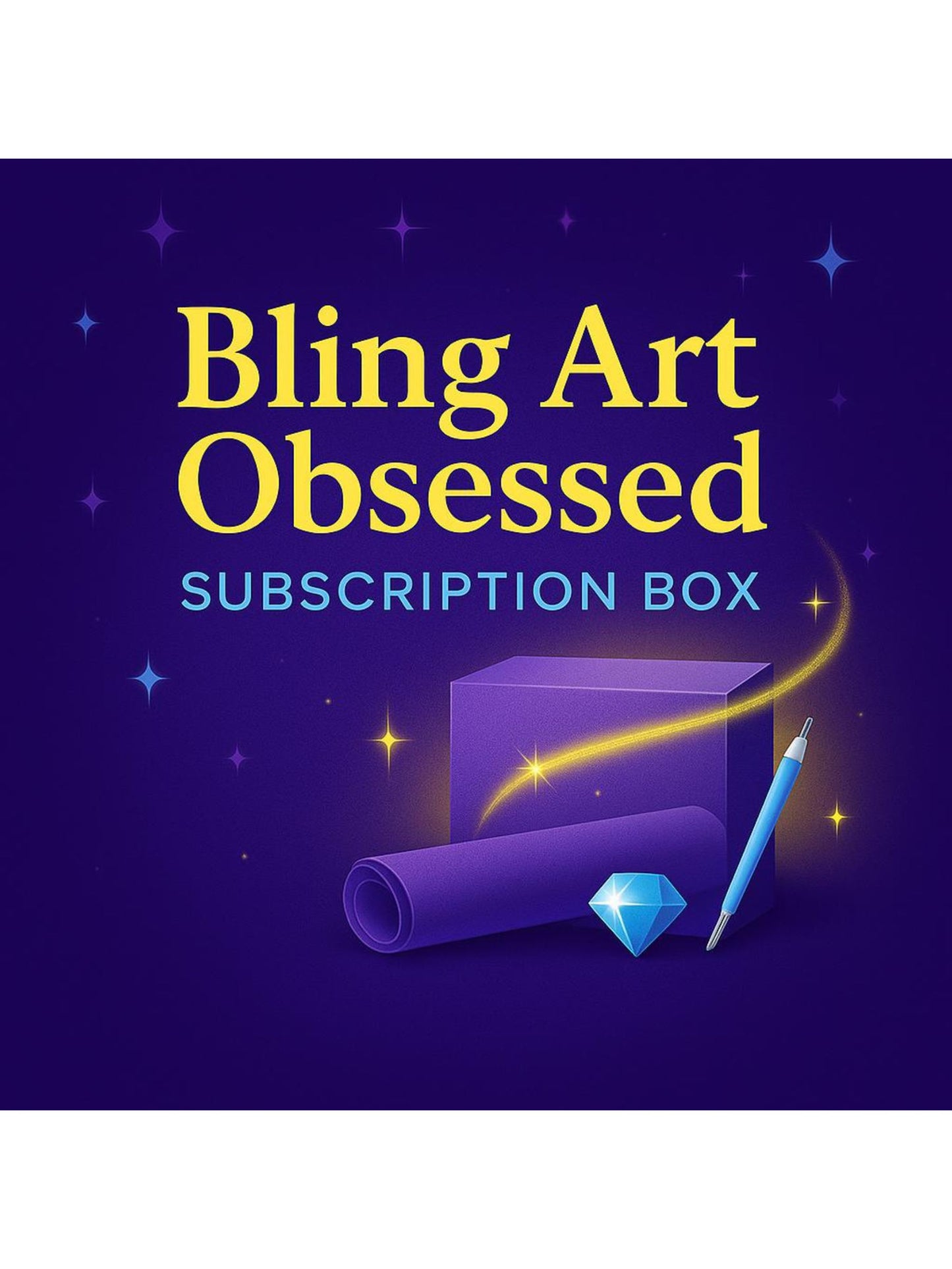 The Bling Art Club Obsessed Box: purple box with 2 small, 1 large rolled canvases, advanced tool kit, DIY craft kit