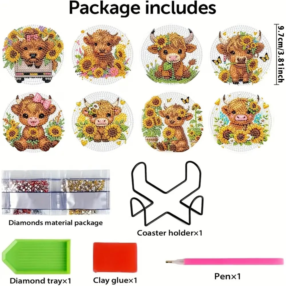 Highland Cow & Sunflower Diamond Art Coaster Set (8-Piece)