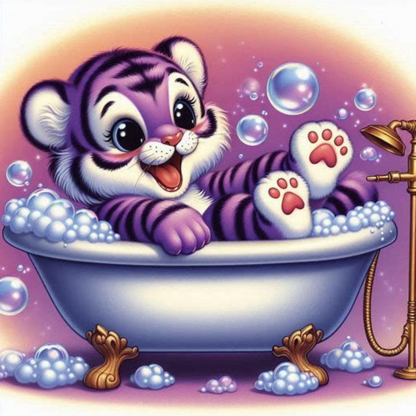 An adorable lavender-colored tiger cub taking a bubble bath in a white tub with a pink background