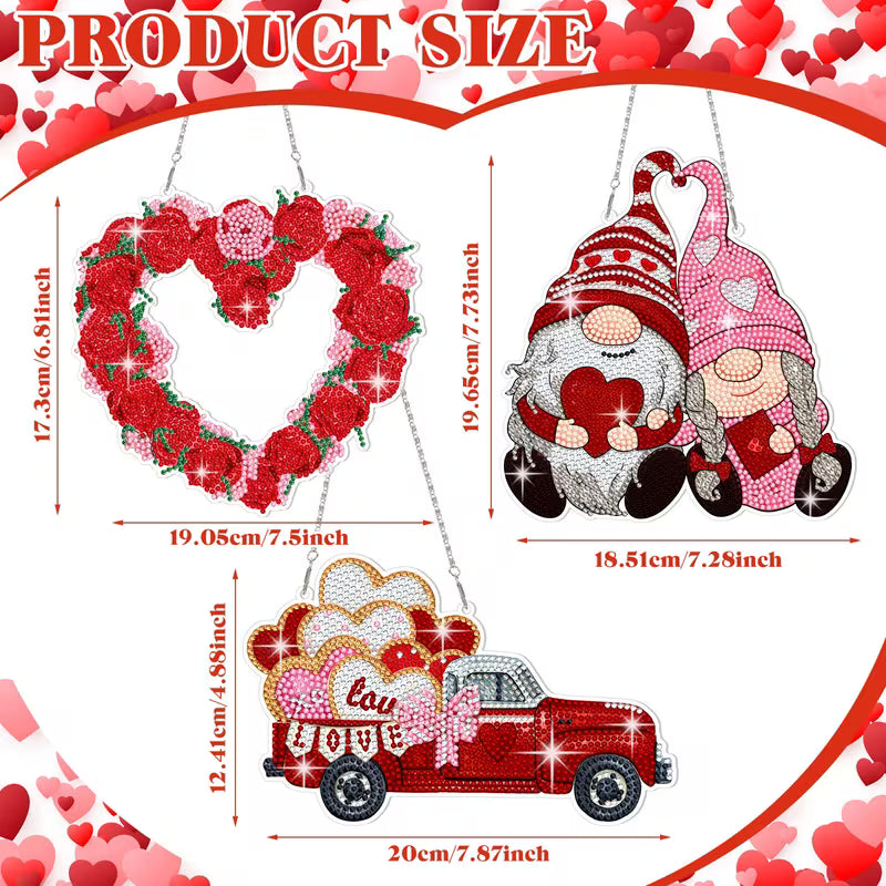 Product size chart with Valentine-themed items including a wreath, gnomes, and a truck.