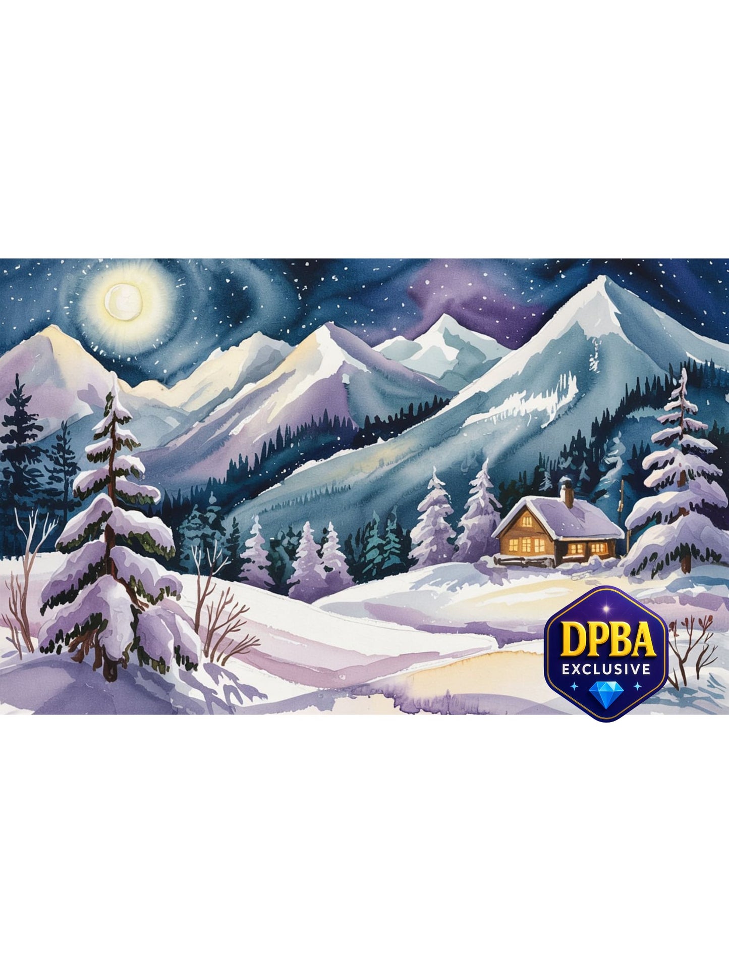 Snowy cabin scene with pine trees and moonlit mountains, designed for diamond painting, DPBA exclusive