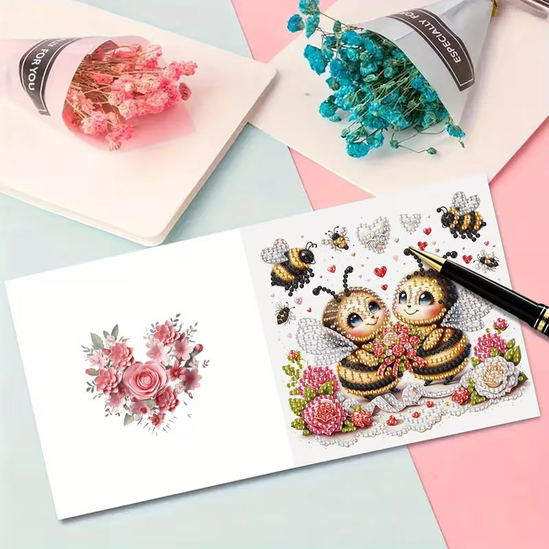 Diamond painting kit with two bees and flowers on a white card, surrounded by pink and blue flowers.