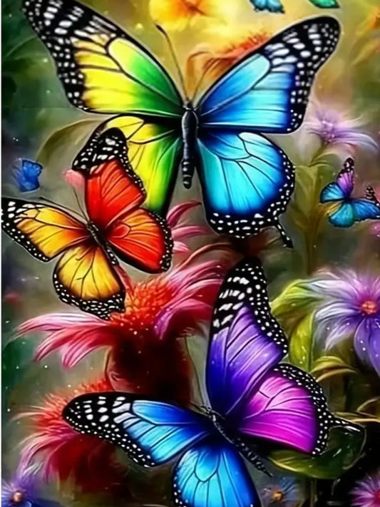 A DIY Diamond Painting kit featuring a vibrant design with multiple colorful butterflies over a floral background.