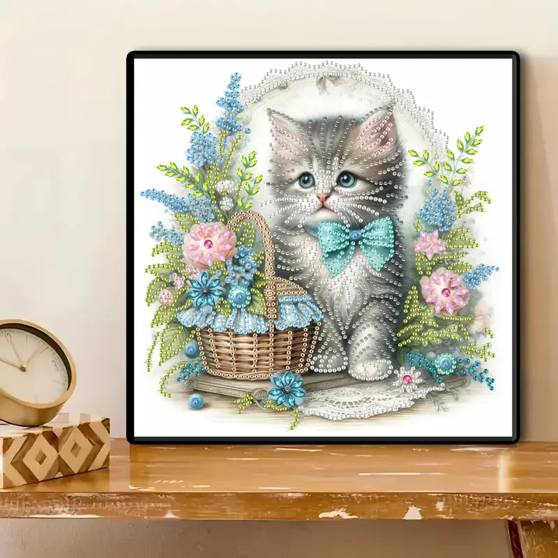 Framed artwork of a cat with flowers on a wooden surface