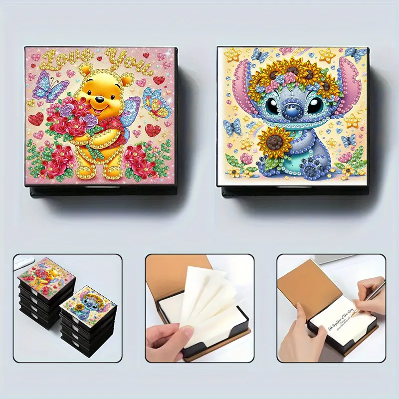 Two decorative boxes with cartoon characters, surrounded by smaller images showing the product's use.