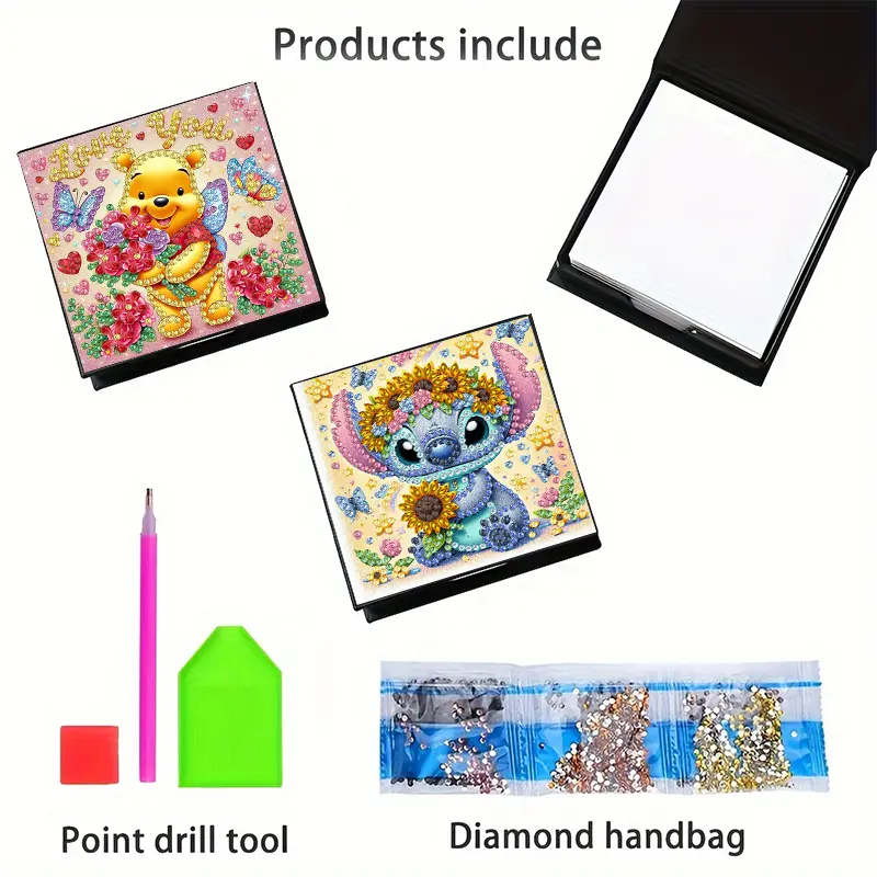 Collage of diamond painting products including a completed design, tools, and accessories on a white background.