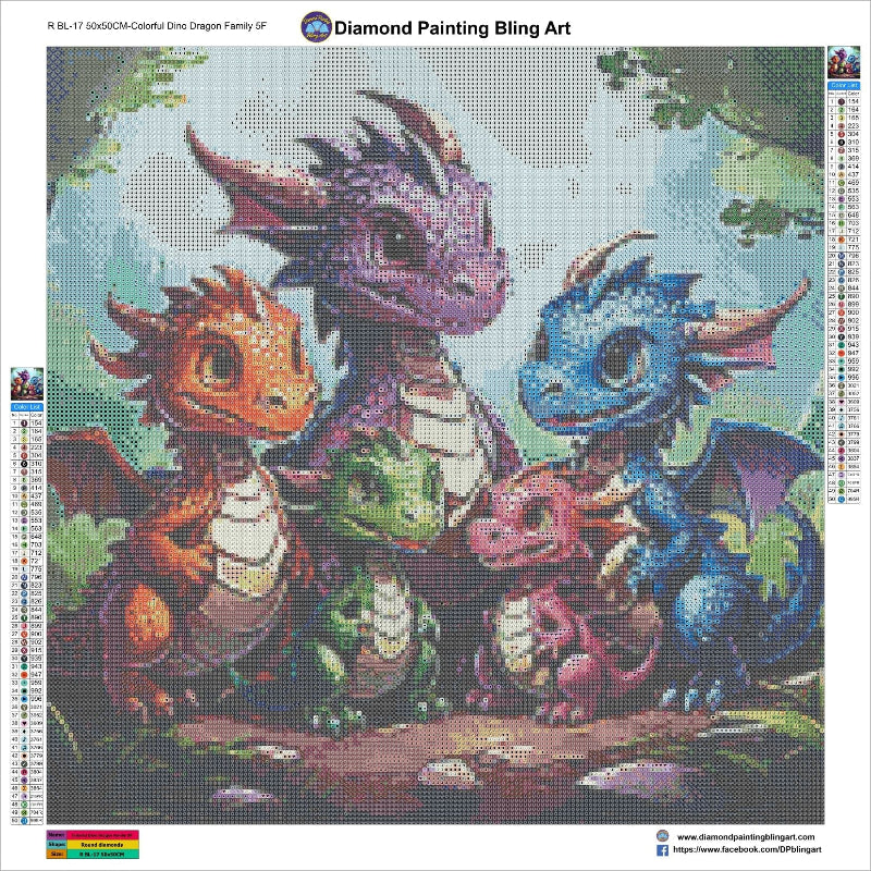 Colorful Dino Dragon Family - Diamond Painting Bling Art