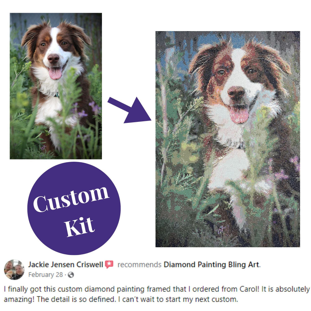 A custom diamond painting kit featuring a depiction of a dog, with the original photo shown alongside the completed artwork.