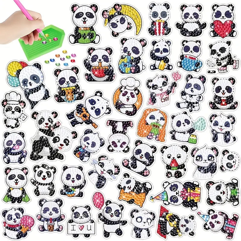 Collection of panda-themed stickers with various poses and accessories on a white background.