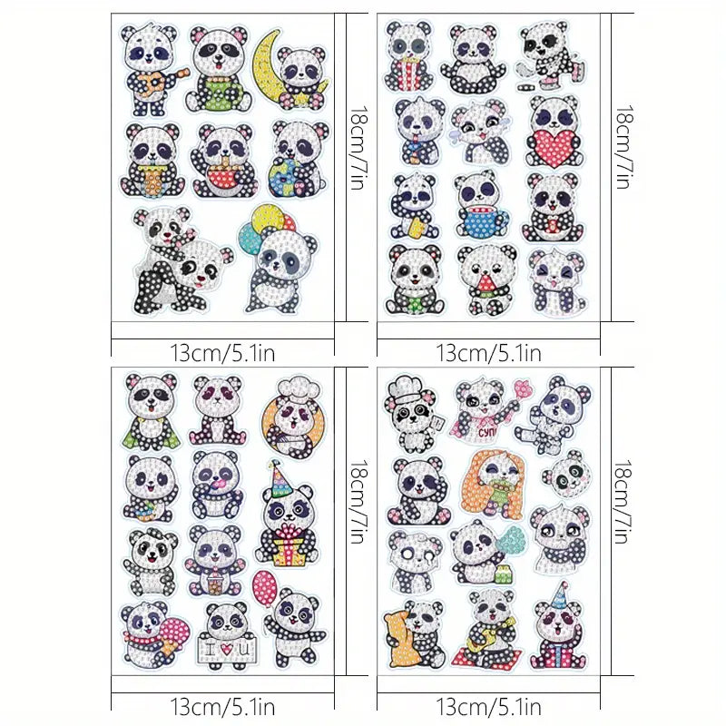 Set of panda-themed stickers with various designs and measurements.