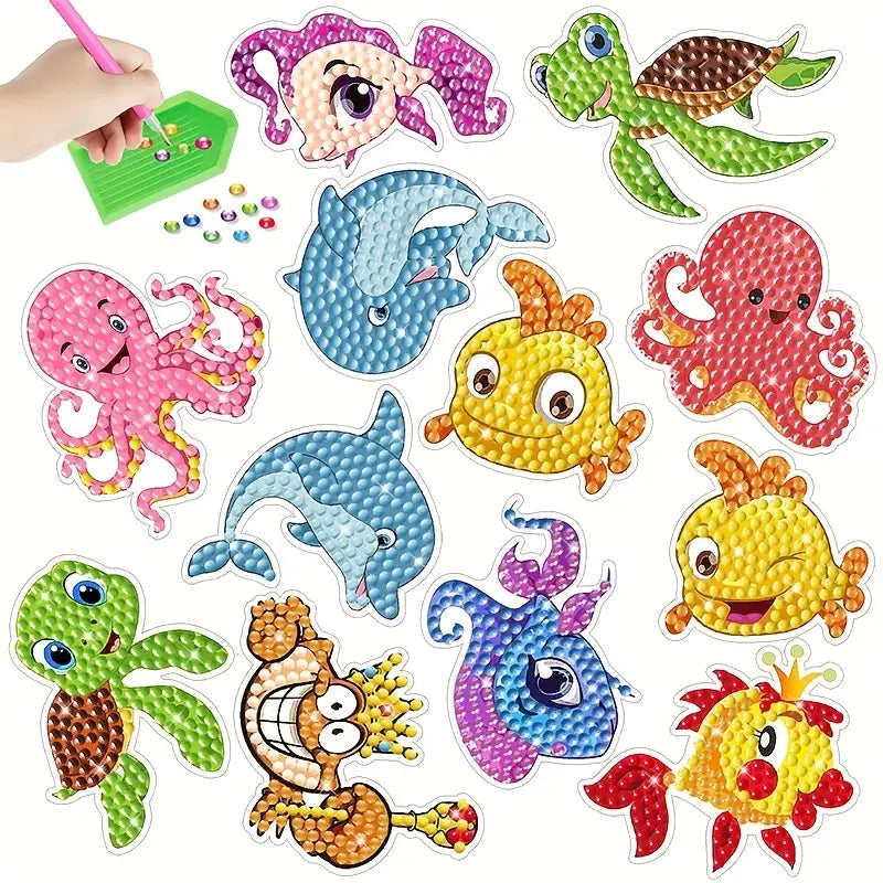 Colorful sea-themed stickers with a hand holding a pink pen.