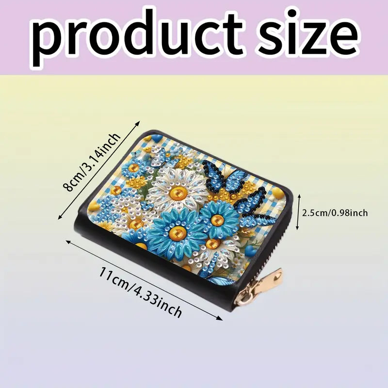 Floral patterned wallet with measurements on a light purple background