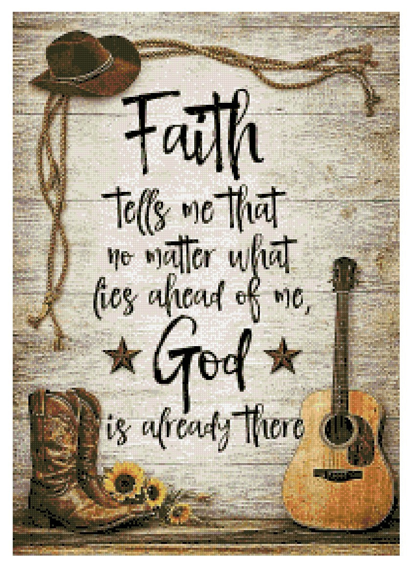 Decorative sign with cowboy hat, boots, guitar, and sunflowers on a wooden background with motivational text.