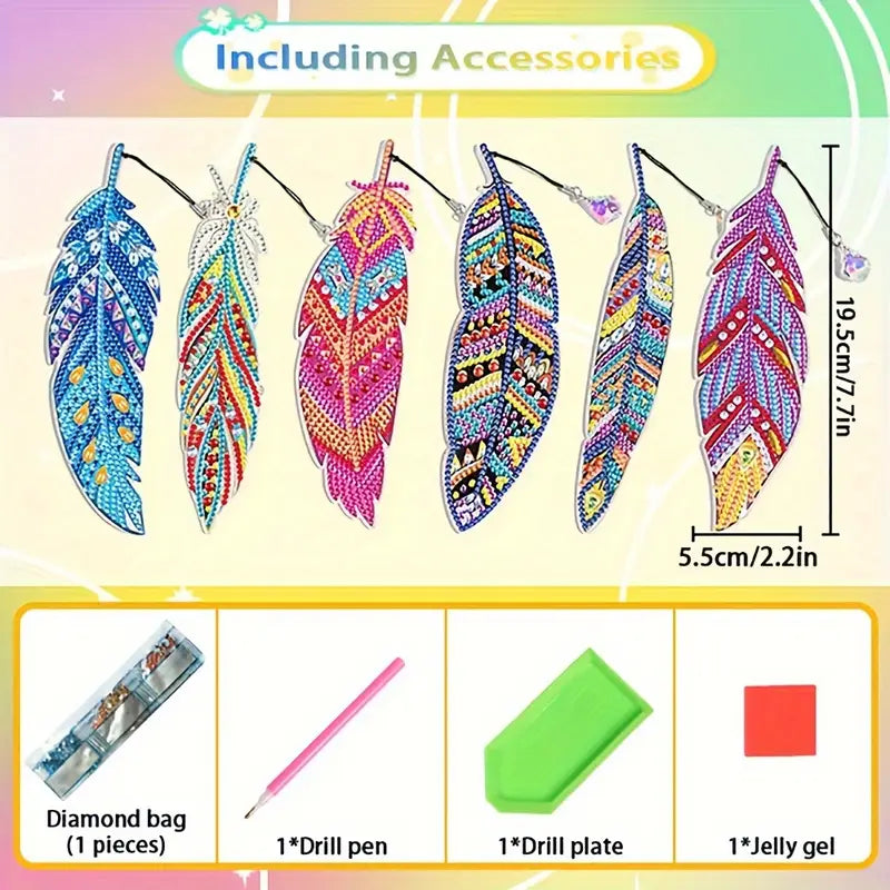 Colorful feather-shaped diamond painting sets with accessories on a colorful background