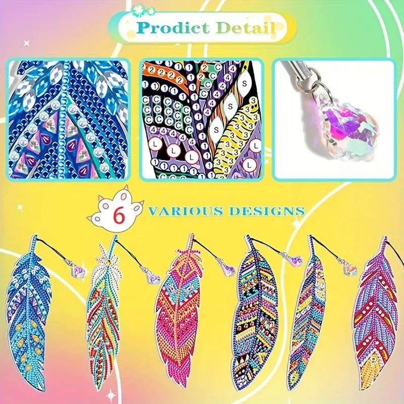 Colorful feather-shaped bookmark with various designs on a gradient background