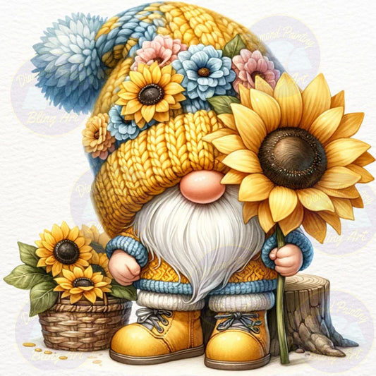 A colorful illustration of a cartoon gnome with a hat adorned with sunflower seeds, surrounded by real sunflowers and a wooden stump.