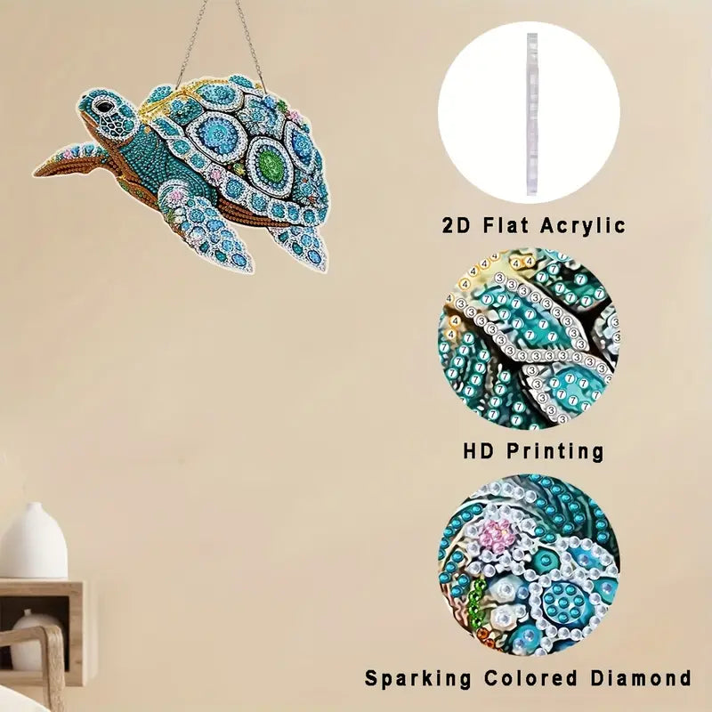 Decorative turtle wall art with '2D Flat Acrylic', 'HD Printing', and 'Sparkling Colored Diamond' options on a beige background.