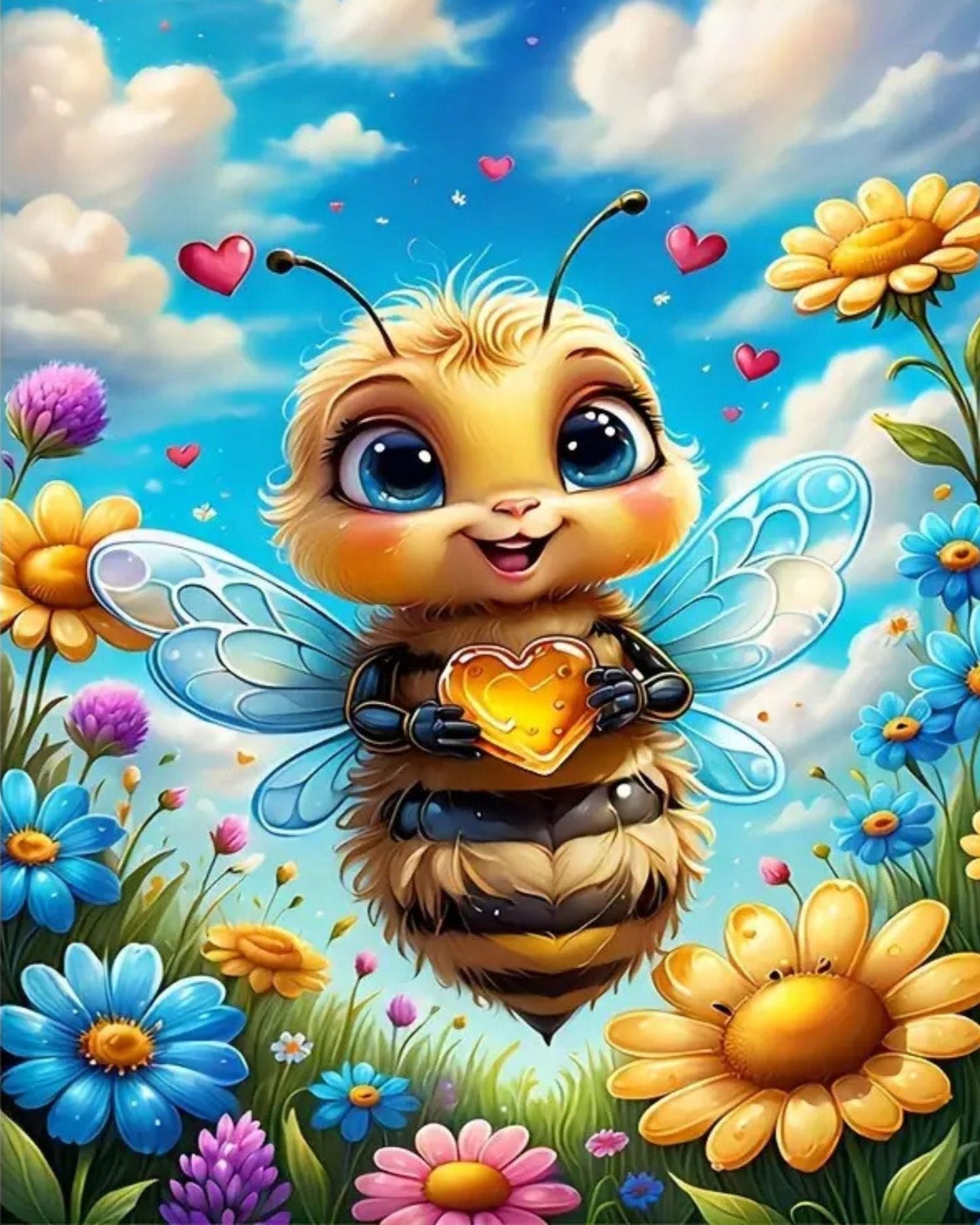 Create Happy Bee 40x50cm diamond art! Features a cute bee with a heart & flowers. Full round crystal rhinestones for extra sparkling DIY happiness