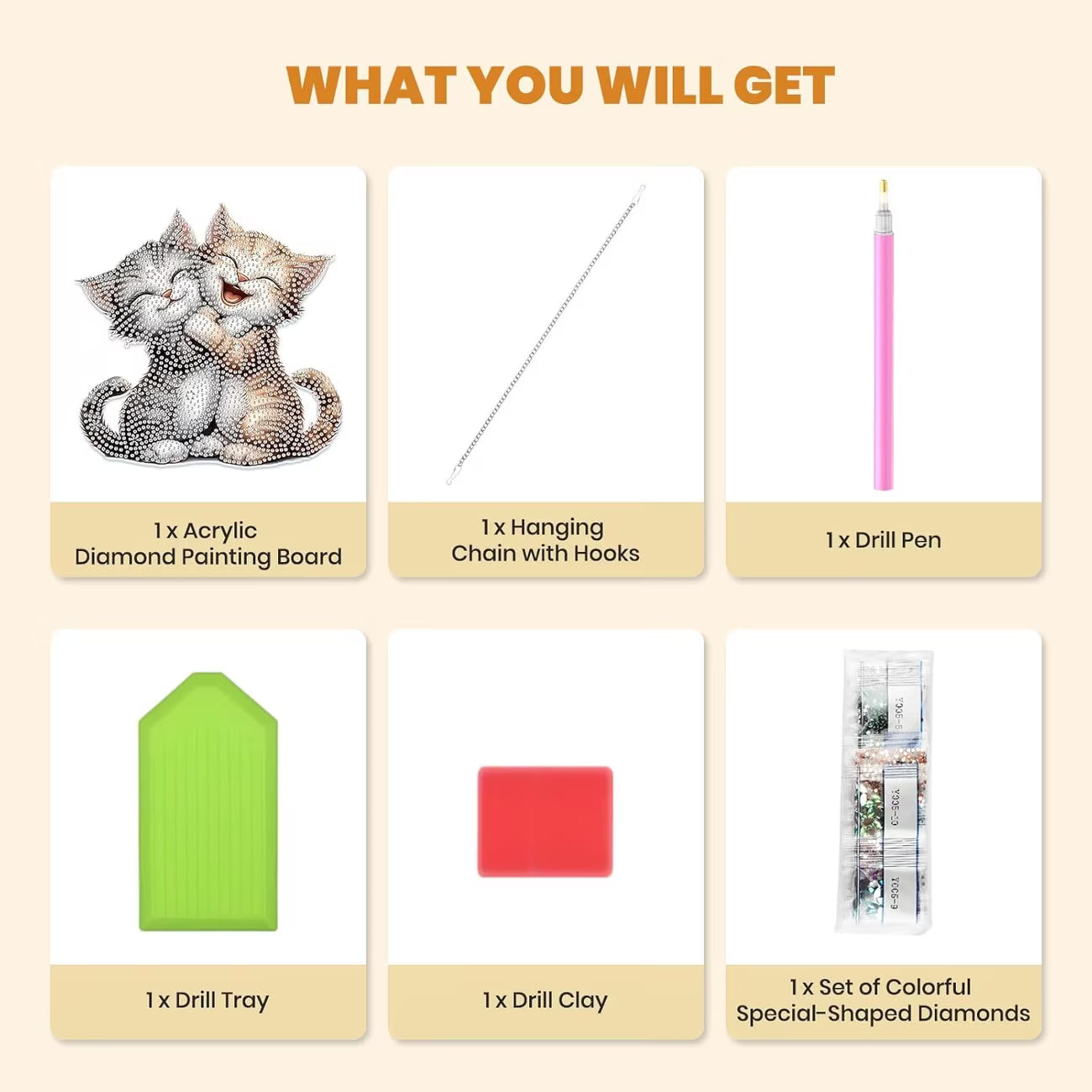 List of items included in a diamond painting kit with corresponding icons and labels.