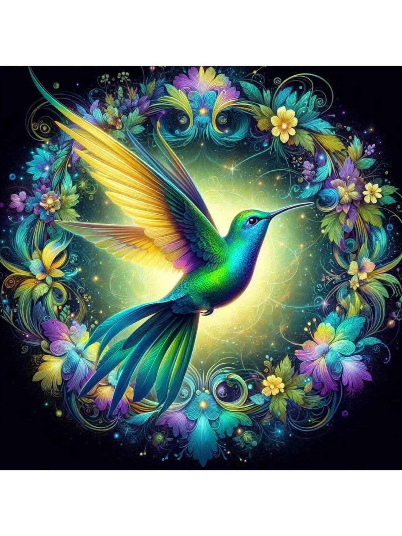 Hummingbird Glow Diamond Painting Kit. A glowing, colorful hummingbird flying inside a circular wreath of magical flowers against a dark background.