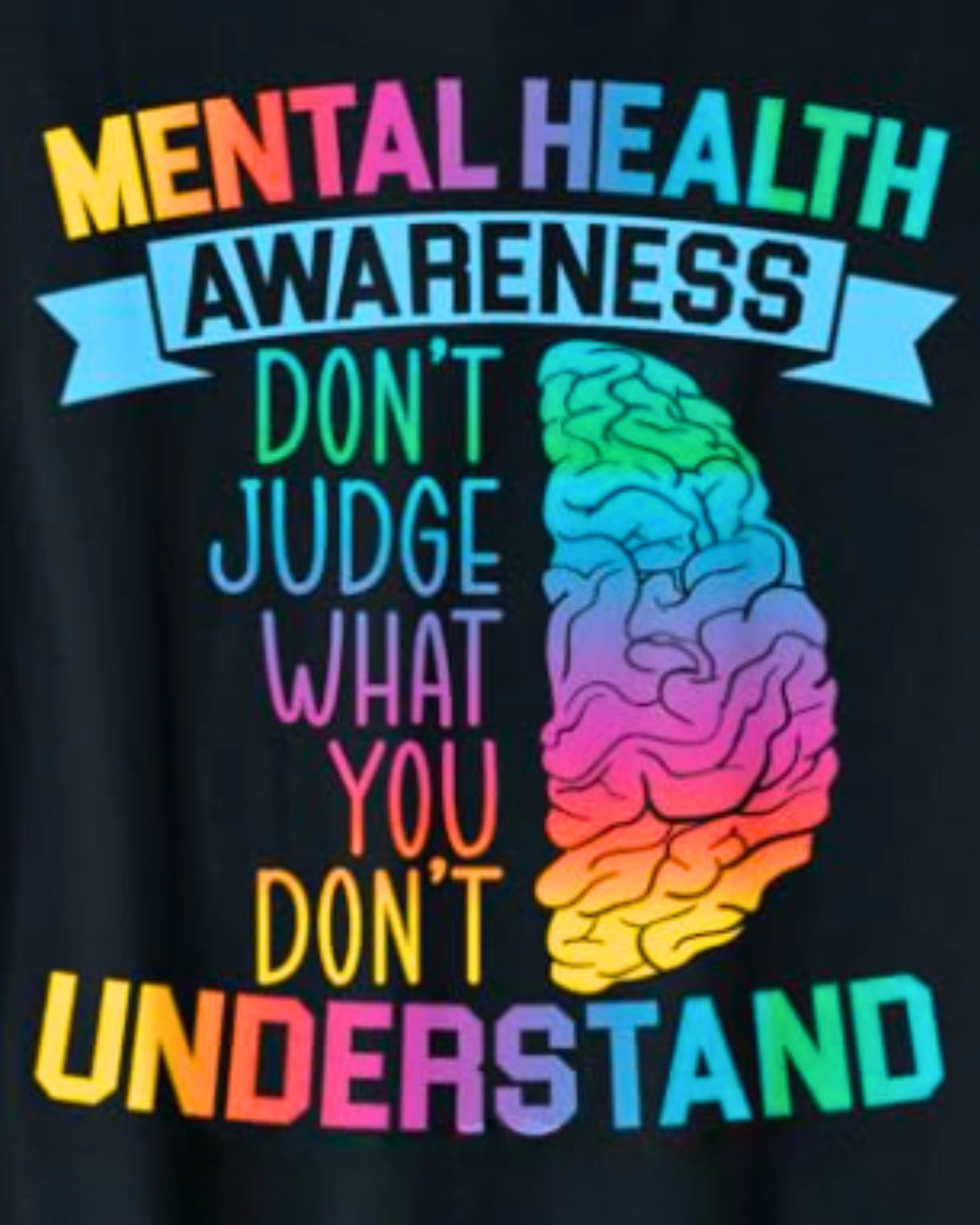 Understand & Empathize Diamond Painting Kit. Text 'Mental Health Awareness Don't Judge What You Don't Understand' with a colorful rainbow brain