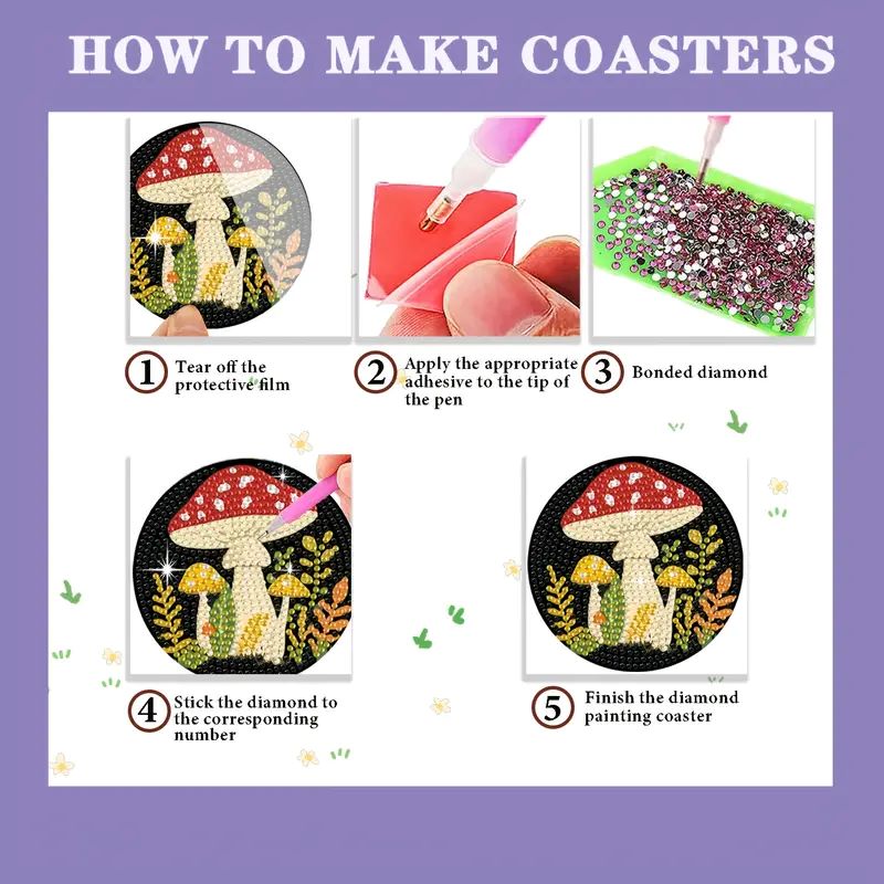 DIY 6-Piece Whimsical Mushroom Diamond Painting Coaster Kit