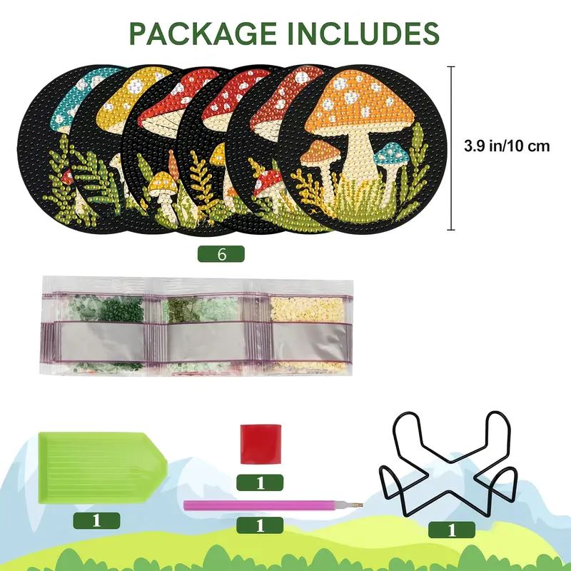 DIY 6-Piece Whimsical Mushroom Diamond Painting Coaster Kit