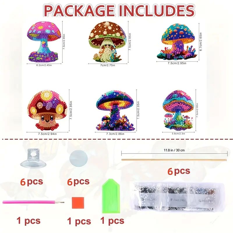 Product packaging with colorful mushroom-shaped items and their dimensions, along with additional components.