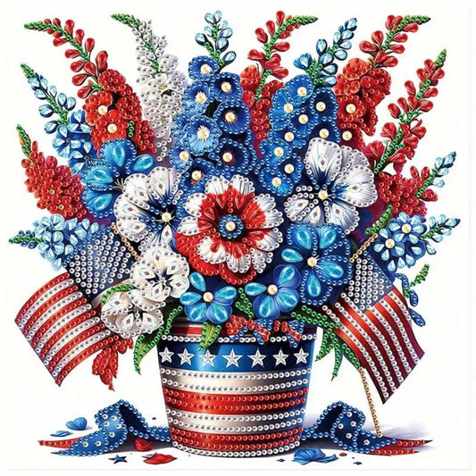 Patriotic Flower Bouquet Partial Diamond Painting Kit. Features red, white, and blue flowers in an American flag bucket with small flags