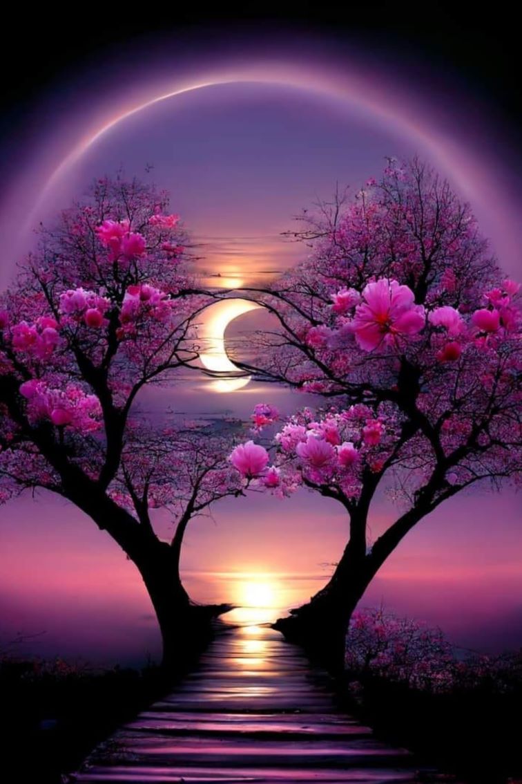Peace & Serenity Diamond Painting: idyllic scene with two blossoming trees framing a path leading to a glowing moonlit horizon.