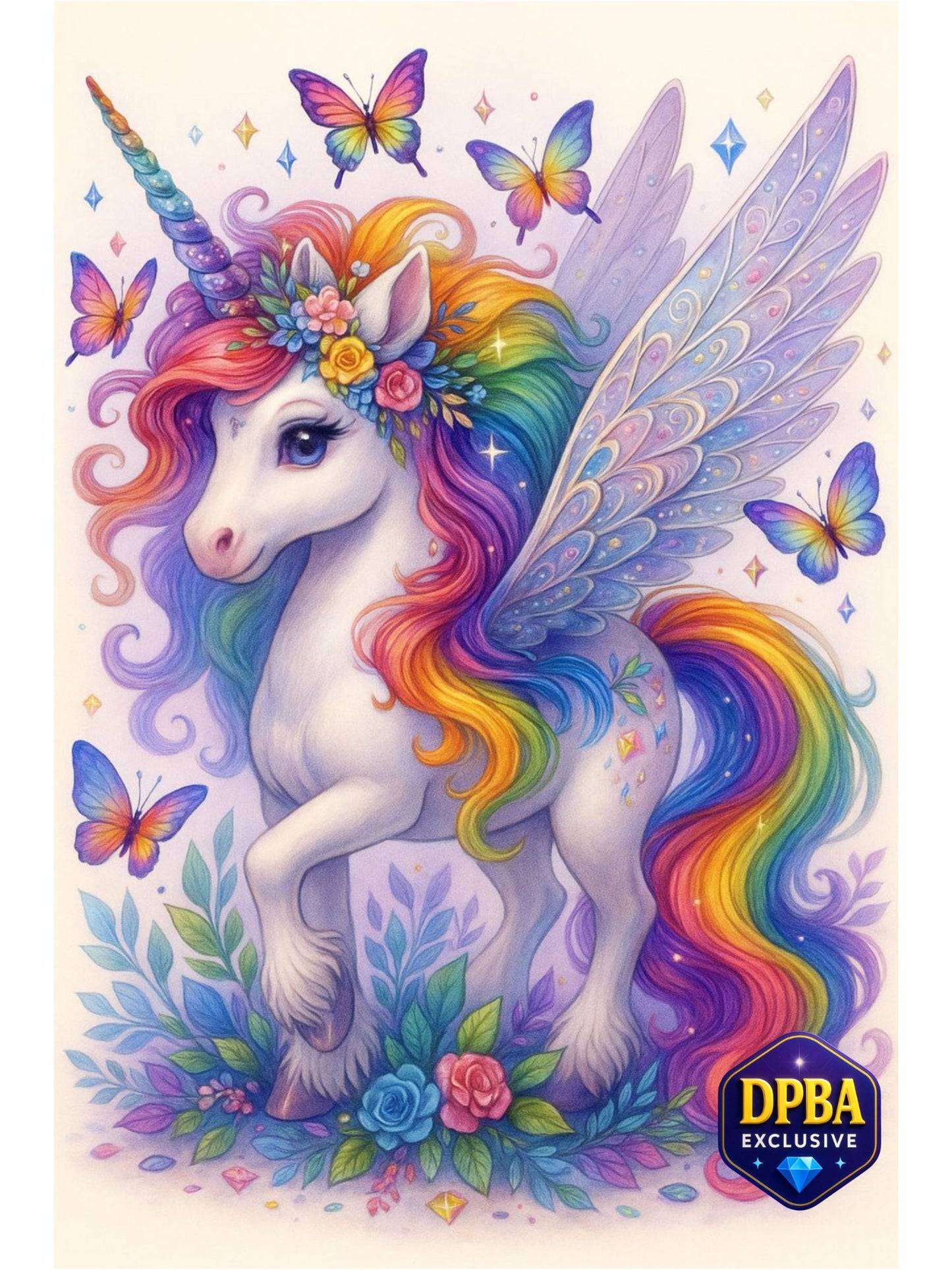 Fantasy unicorn with rainbow mane, floral crown, and butterflies in pastel tones – DPBA exclusive