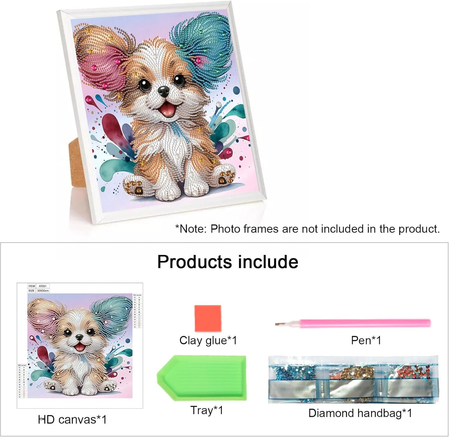 Product listing with a diamond painting kit featuring a dog with colorful bows on its head.