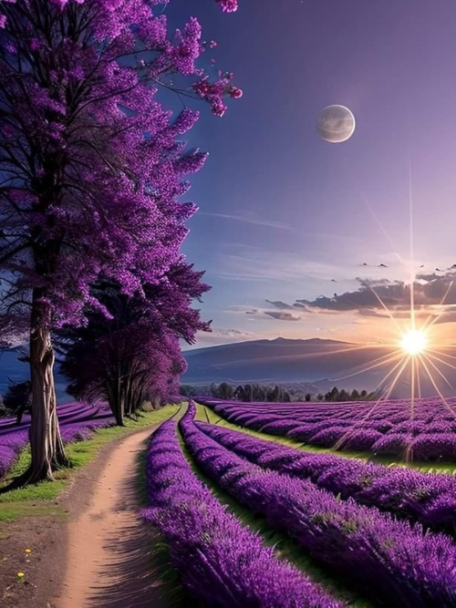 Purple Horizon Bliss Diamond Painting: vibrant purple lavender fields stretching to a sunset horizon with a moon and trees.