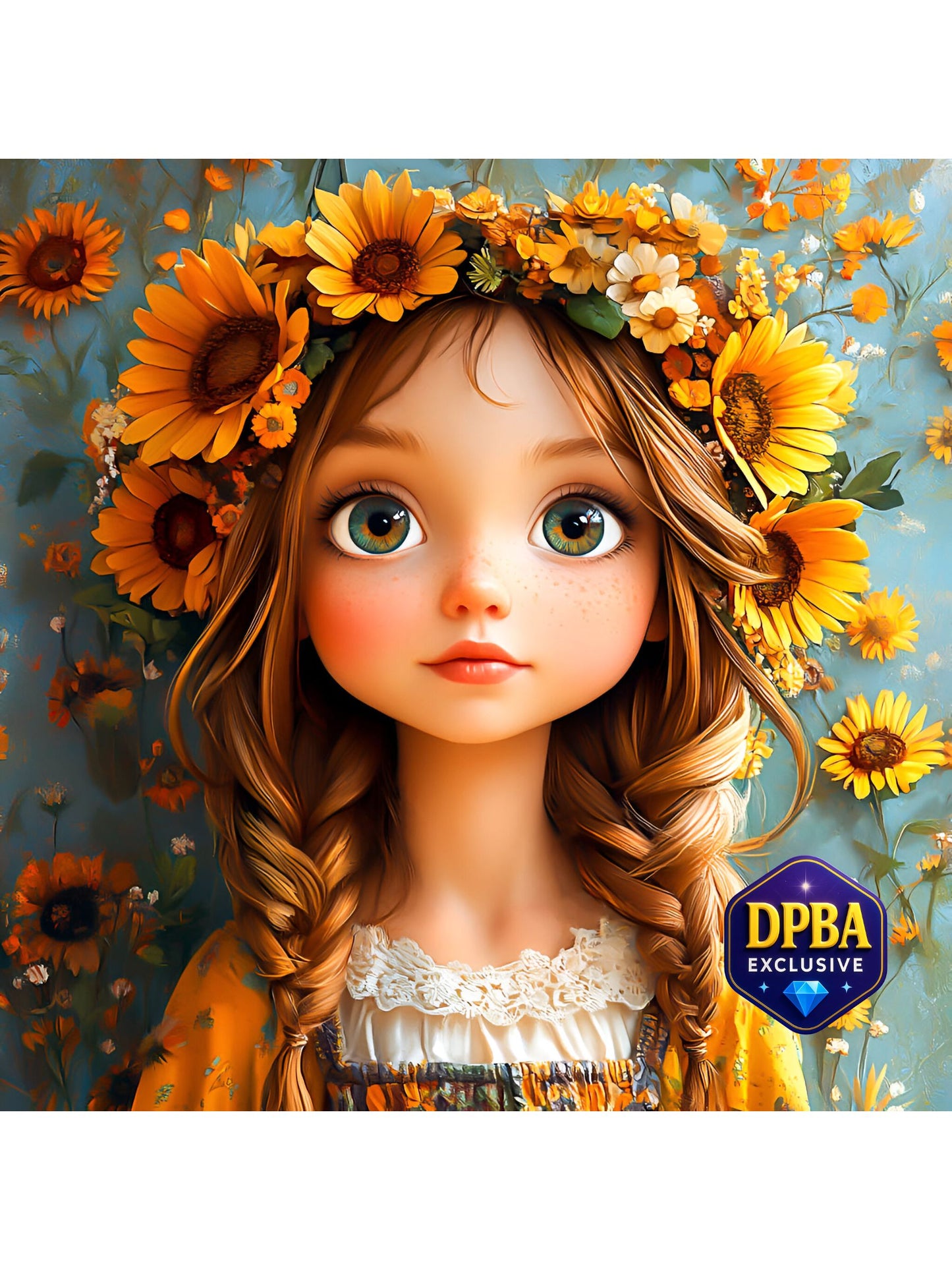Big eye girl with sunflower in hair