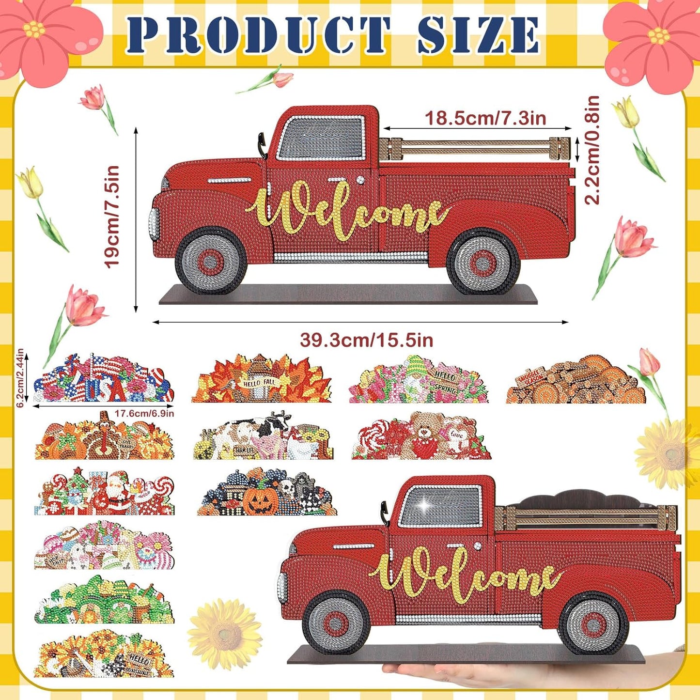 Red truck-shaped decorative item with 'Welcome' text, shown with measurements and other small items for scale.