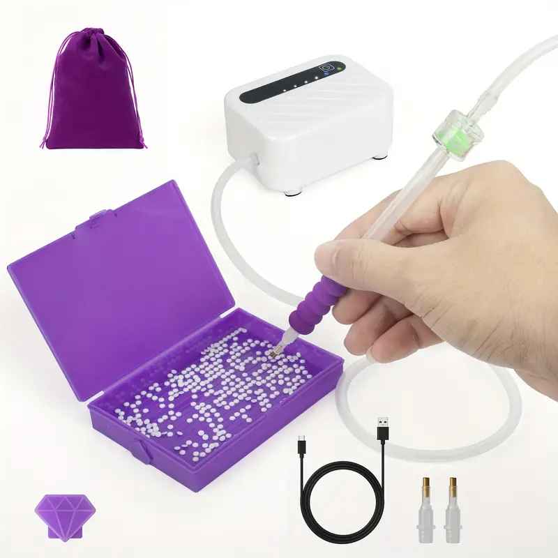 A Vacuum Diamond Painting Pen Set, including a USB-powered vacuum pump, a diamond painting pen with a hose, a tray, and a storage bag